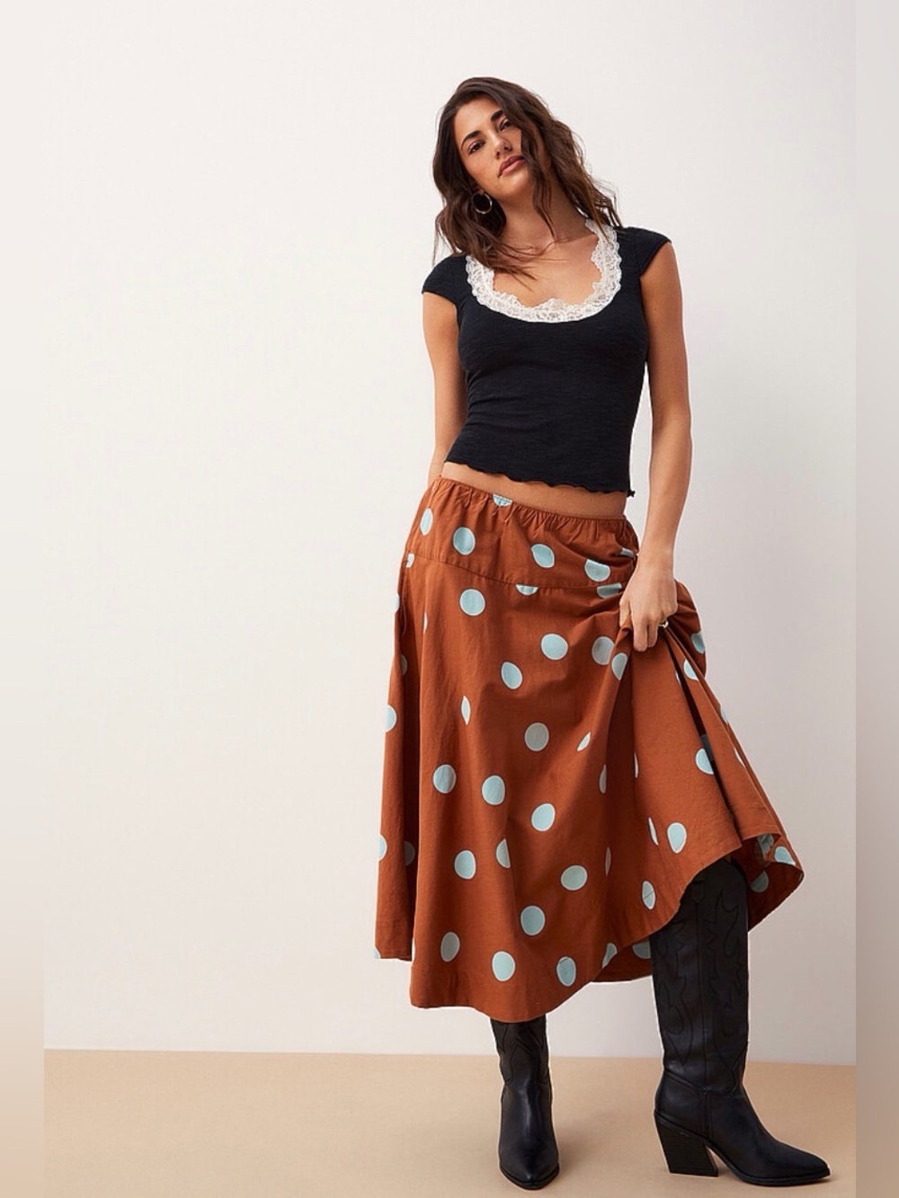 Free People Betty Drop Waist Polka Dot Midi Skirt Brown Blue Small NWT